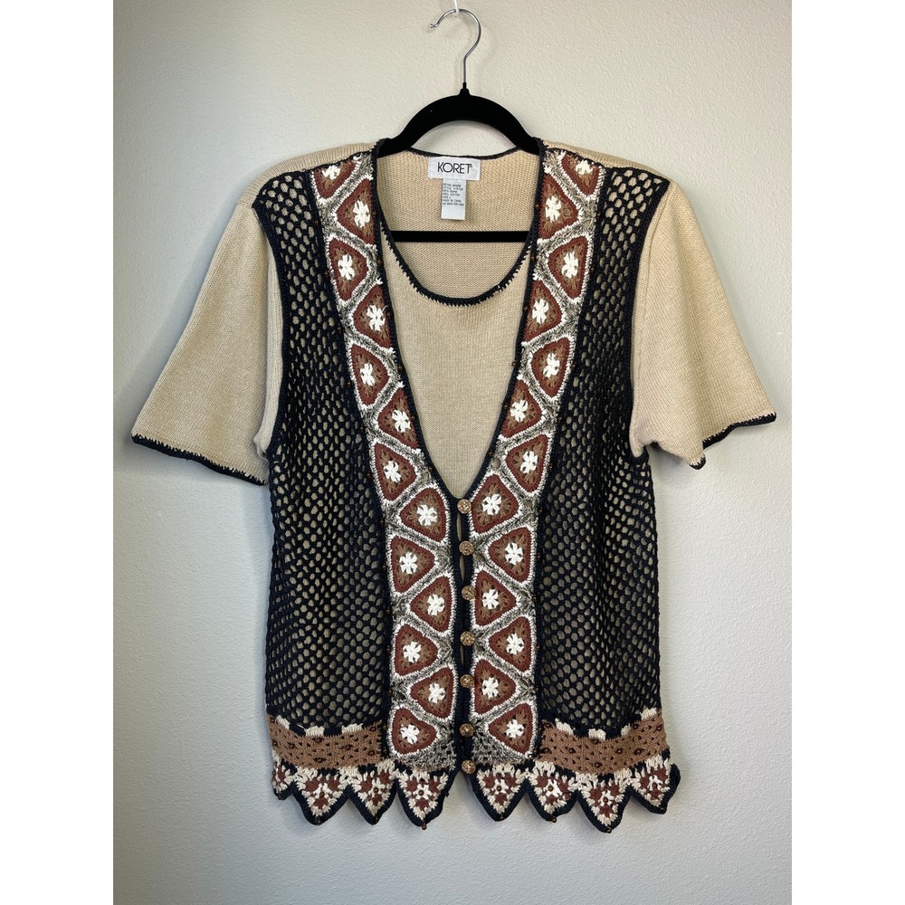 Koret Sweater Set Tan Black Crochet Beaded Vest Knit Top 2pc 117K726
